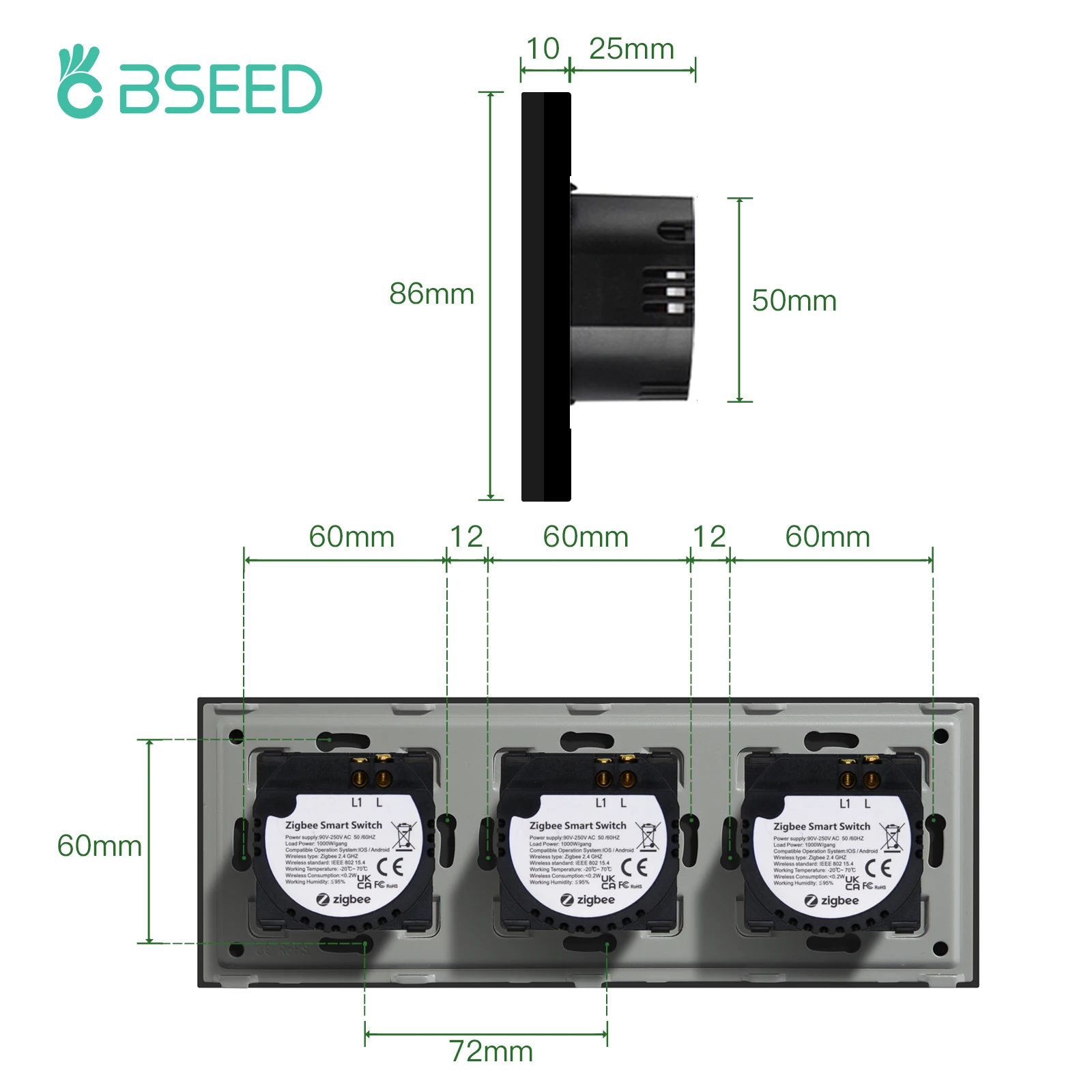 Bseed New Zigbee Smart EU Single Live 1/2/3 Gang 228mm Touch Light Switch Glass Panel Smart Switches Alexa Smart Life Compatible