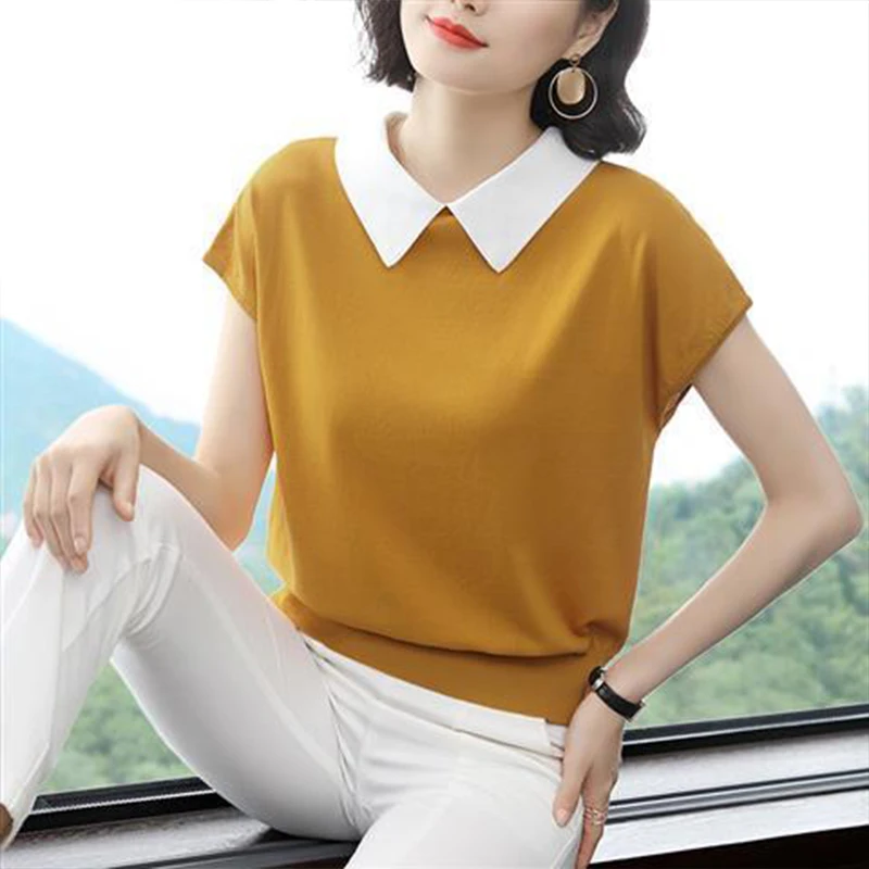 

Women's Spring Summer Style Blouses Shirt Women's Peter pan Collar Short Sleeve Solid Color Lace Silk Elegant Korean Tops SP029