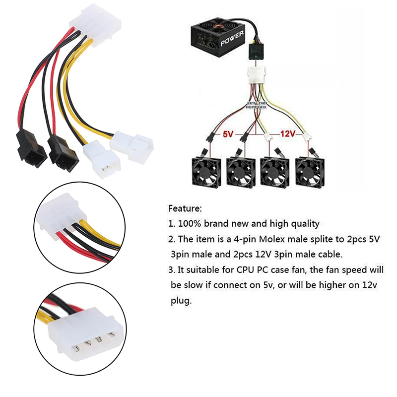 PC 4-Pin Molex/IDE to 3-Pin CPU/Chasis/Case Fan Power Cable Adapter Connector