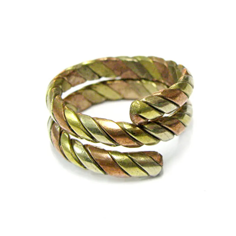 R006 Tibetan Metal Rings Golden Brass and Red Copper Wrapped Silk Ring