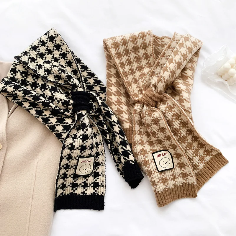 2024Korean Woolen Knit Warm Shawl Winter Female Blouse Shoulders Fake Collar Cape Knitted Scarf Houndstooth Neck Guard Scarve