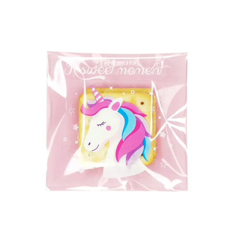 50pcs/lot Pink Frosted Elegant Rainbow Unicorn Cellophane Self Stick Cookies Plastic Bag Baptism Sugar Packaging Homemade Bag