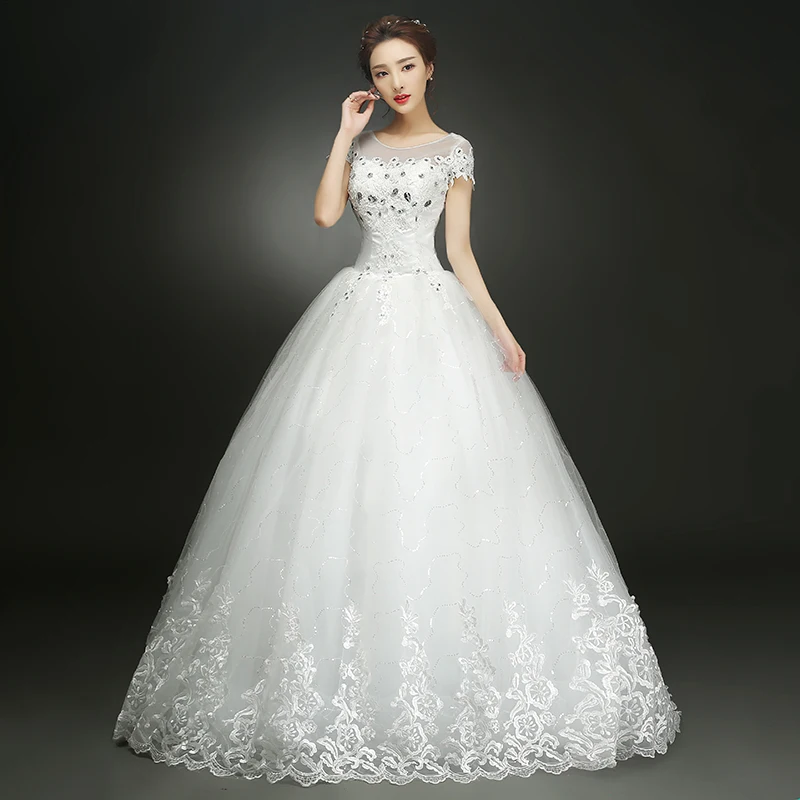 AnXin SH Princess flower white lace vintage illusion beading crystal white o neck short sleeve lace up customized wedding dress