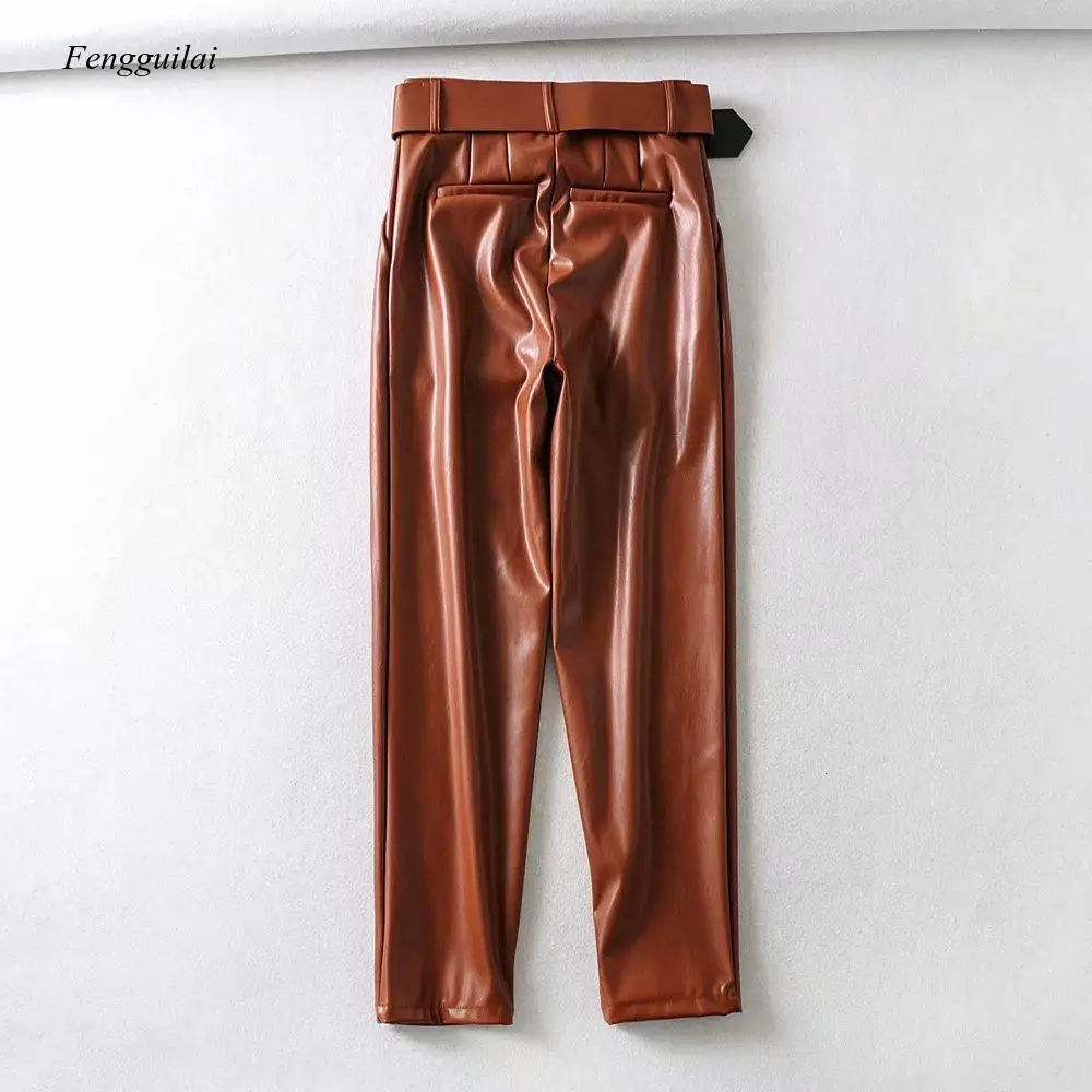 Women\'s New High Waisted Plush Leather Pants for Women In Spring and Autumn with Belt