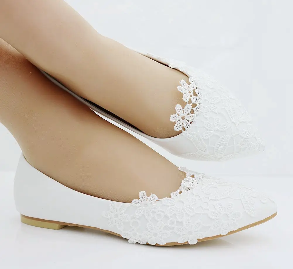 White Ballet Flats Lace Wedding Shoes Flat Heel Casual Shoes Woman Pointed Toe Princess Wedding Flats Plus Size 43