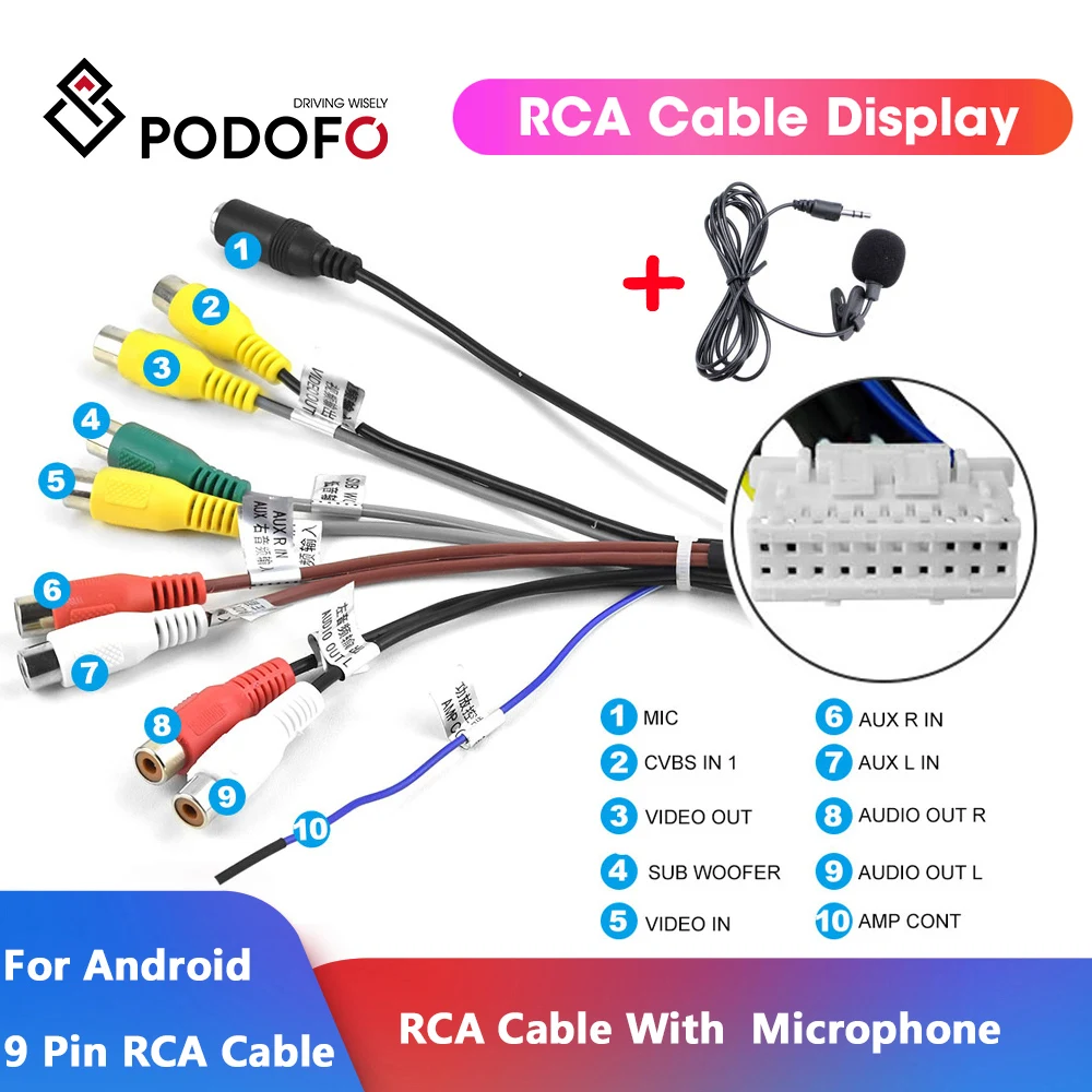 Podofo Car Radio Stereo RCA Output Microphone Suitable for Android Multimedia Player Aux-In Adapter Cable