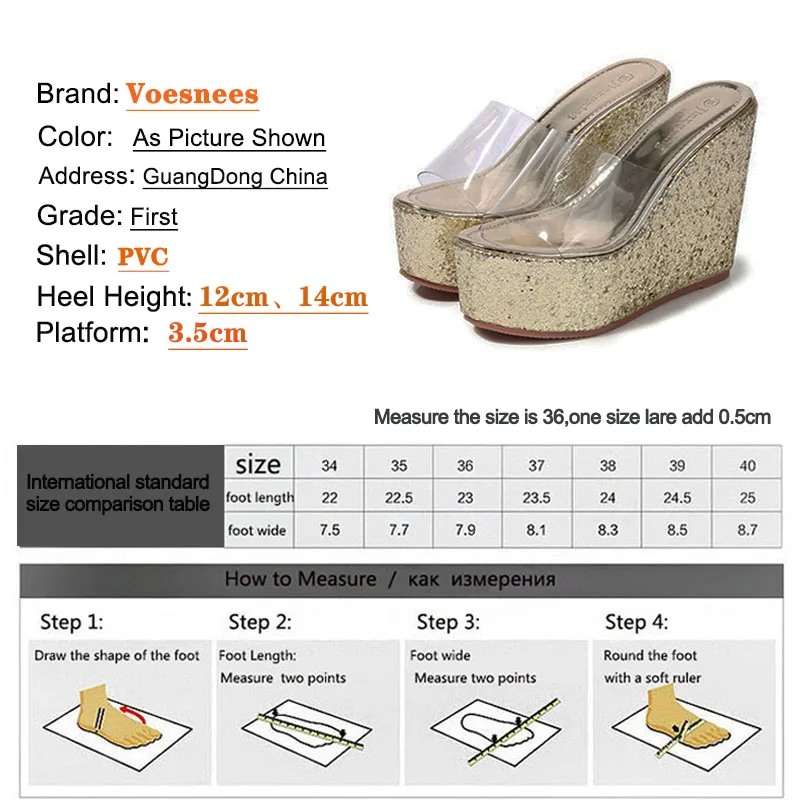 Voesnees Women Slipper Fashion Sequin Wedges Sandals Shoes 2021 Summer New PVC Sexy Transparent Lady High-Heeled Shoes 12CM 14CM