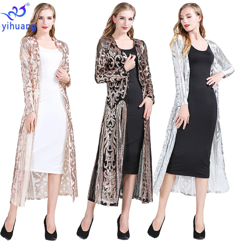 Fashion New Women\'s Clothing Long Sequin Open Front Long Sleeve Mesh Cardigan Blouse Cover Coat Evening Prom Party Tops Gift