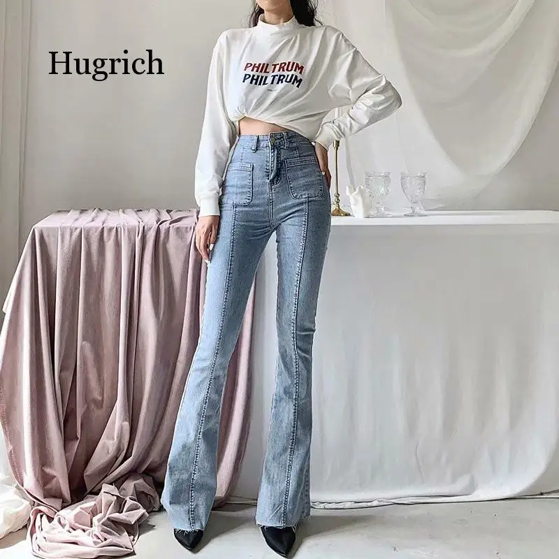 Autumn and Winter New European and American Style High Waist Stretch Horn Jeans Women, Slim Long Legs Solid Color Jeans Women