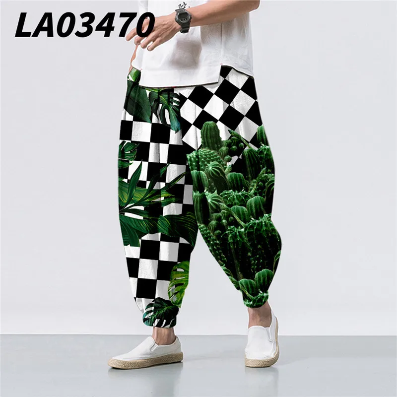 Oversize 6XL Summer Plaid Cactus Printed Casual Beach Harem Pants Men Hip Hop Nine Points Trousers Jogger Sweatpants