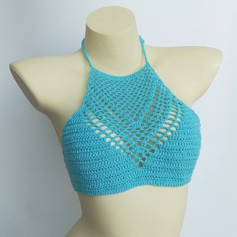 Women Sexy Bikini Tops High Neck Hollow Out Halter Swimwear Crochet Separate Swimsuit Bikini Bra Hot Sale