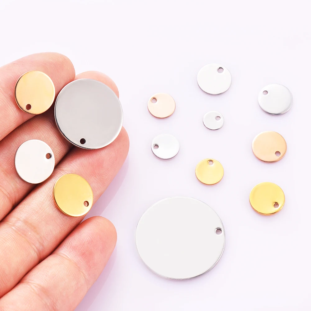 100 Stück 6–35 mm Edelstahl-Charms, runder Erkennungsmarken-Anhänger, Stanzrohlinge, Anhänger für Halsketten, DIY-Schmuckherstellung, 3 Farben – Detail 1