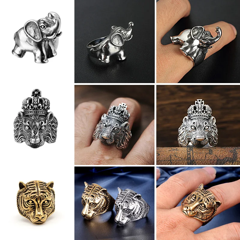 Personality Animal Dragon Elephant Lion Tiger Wolf Rings for Men Stainless Steel Cool Biker Ring Fashion Jewelry Accessories