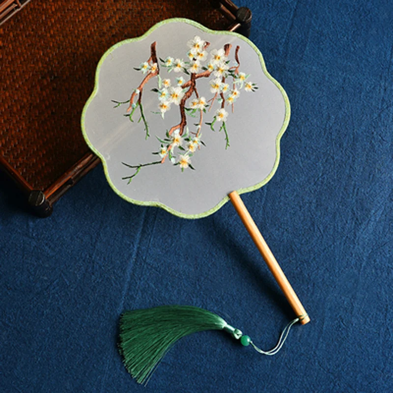 Circular Round Hand Fan, Chinese Traditional Art Embroidery, Classical, Ancient Costume, Han Fu Cheongsam with Long Handle