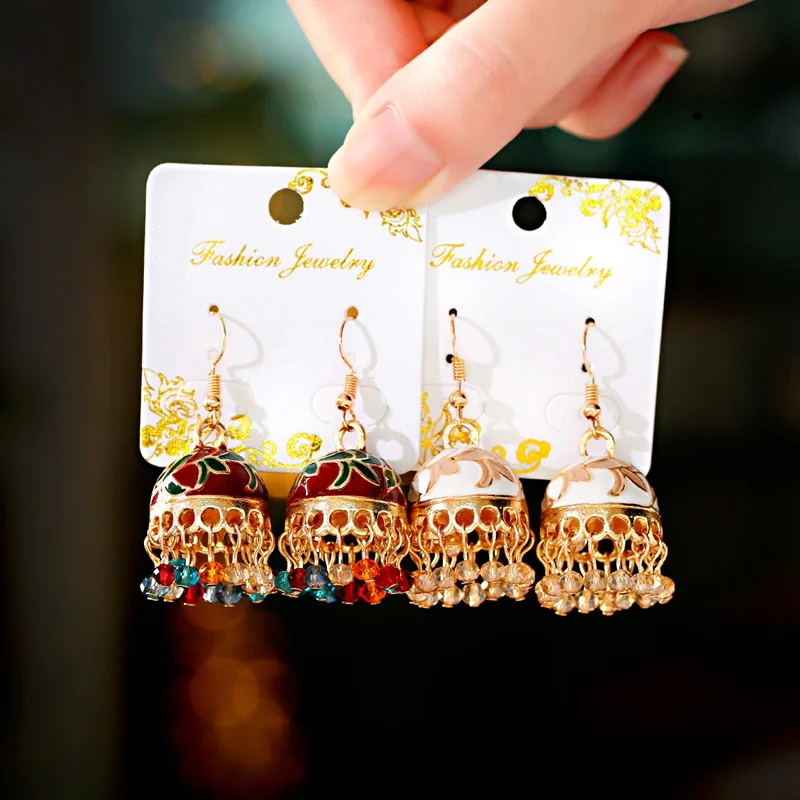 Ethnic Colorful Beads Tassel Gold Color Jhumka Earrings Womens Ethnic Vintage Flower Bollywood Oxidized Bell Tassel Earrings