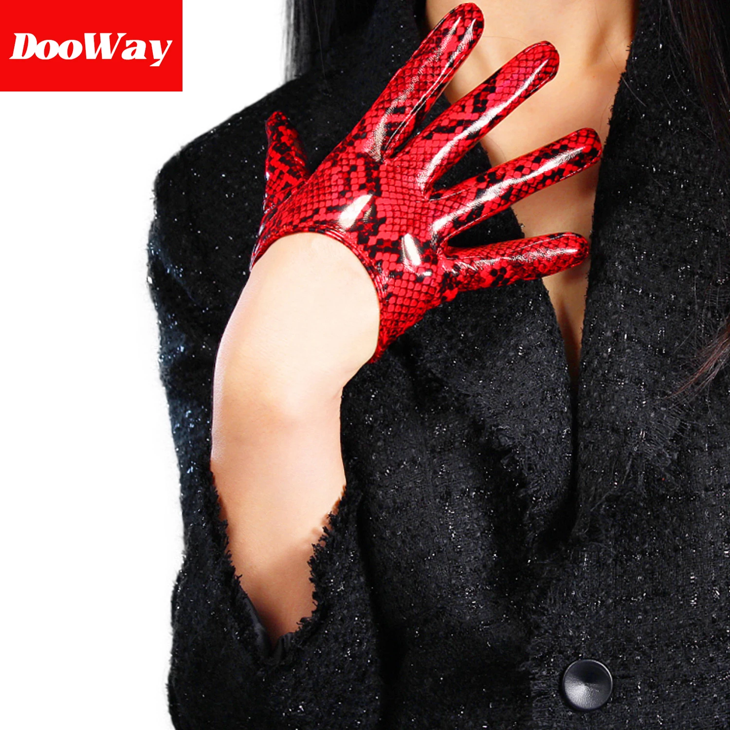 DooWay Women Snake Gloves Latex PU Faux Leather Wet Look Shiny Red Super Short Animal Print Python Snake Wild Opera Halloween