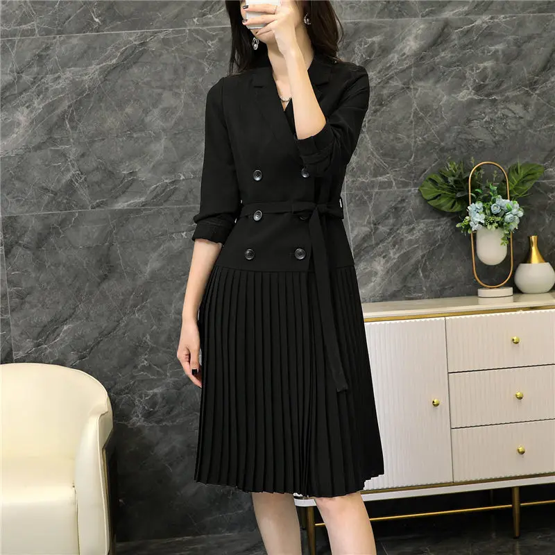 

Sashes Blazer Dress Women 4XL 5XL 2021Spring Autumn Double Breasted Long Sleeve Black Pleated Suit Windbreaker zh550