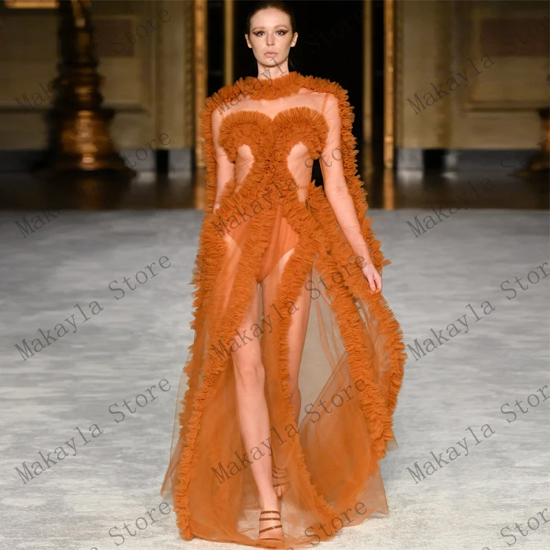 Robe de soirée en Tulle à manches longues pour femmes, ligne a, Sexy, transparente, à volants, faite à la main, sur mesure, pour séance Photo, nouvelle mode