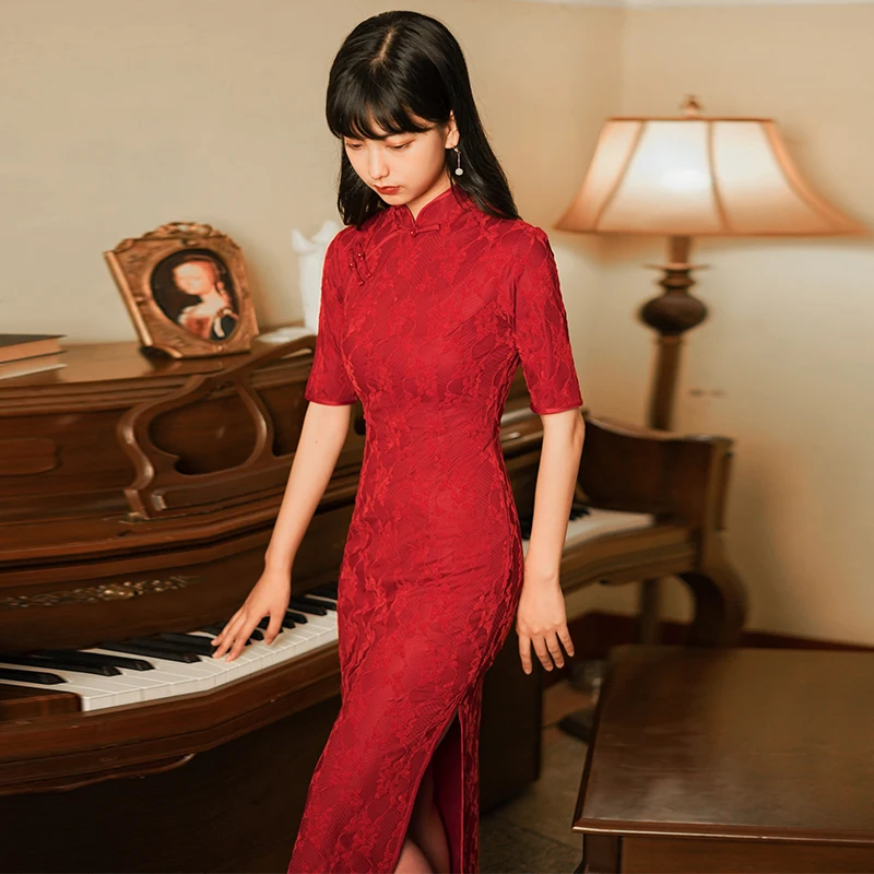 Red Qipao Evening Dresses Lace Cheongsam Dress Long Fashion Retro Customization Robe Cheongsams Traditional Qipao Chinese Dress