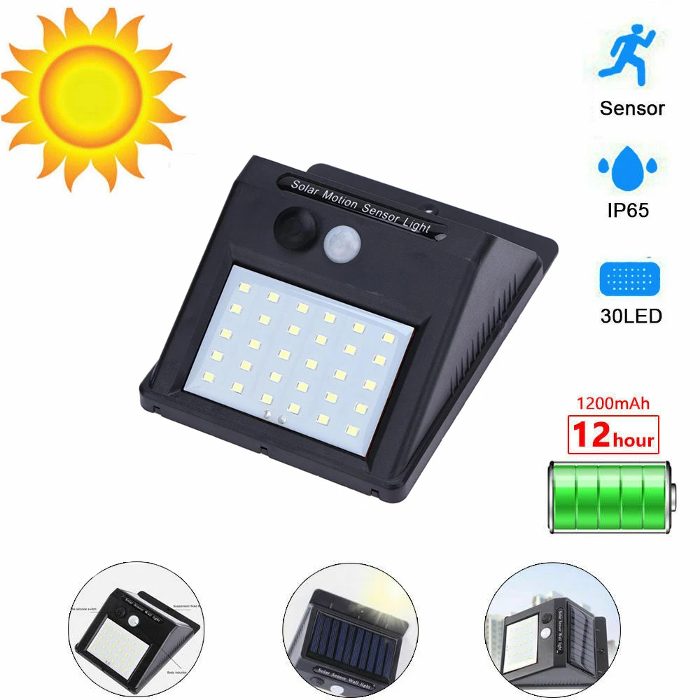 Luz solar ao ar livre com sensor de movimento PIR, lâmpada de parede impermeável, luz solar para decoração do jardim, IP65, 30 LED