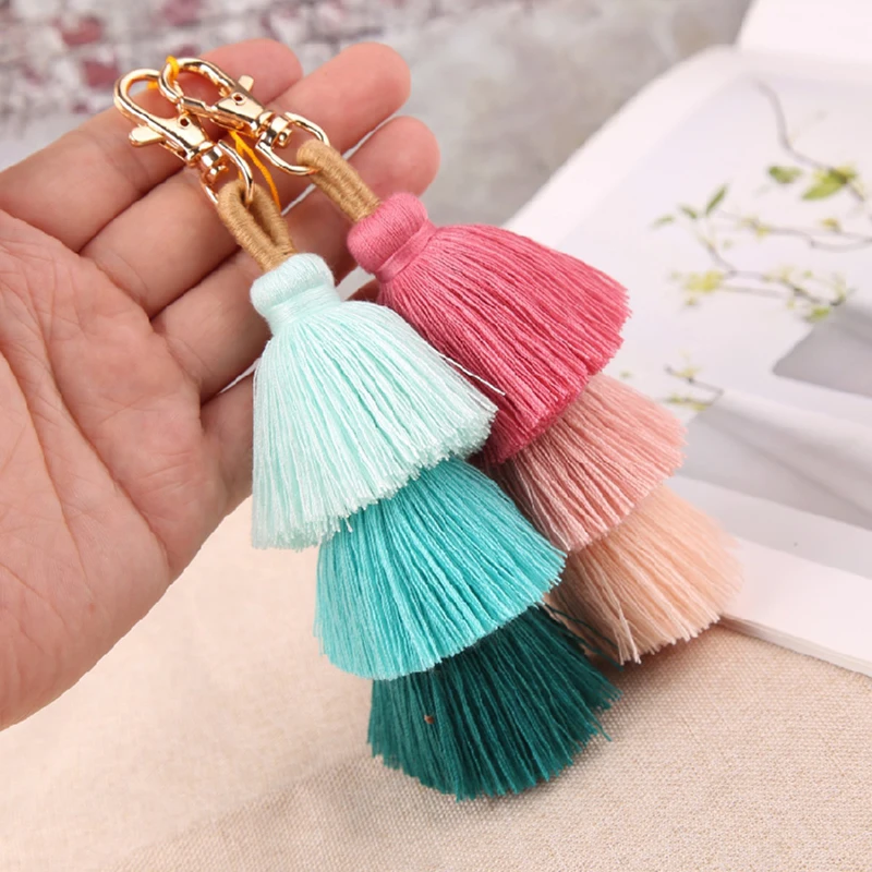 1 Pc Handmade Pom Pom Colorful 4 Layered Tassel Keychain Bag charms Gradient Colors Key Holder Boho Jewelry Gift for women