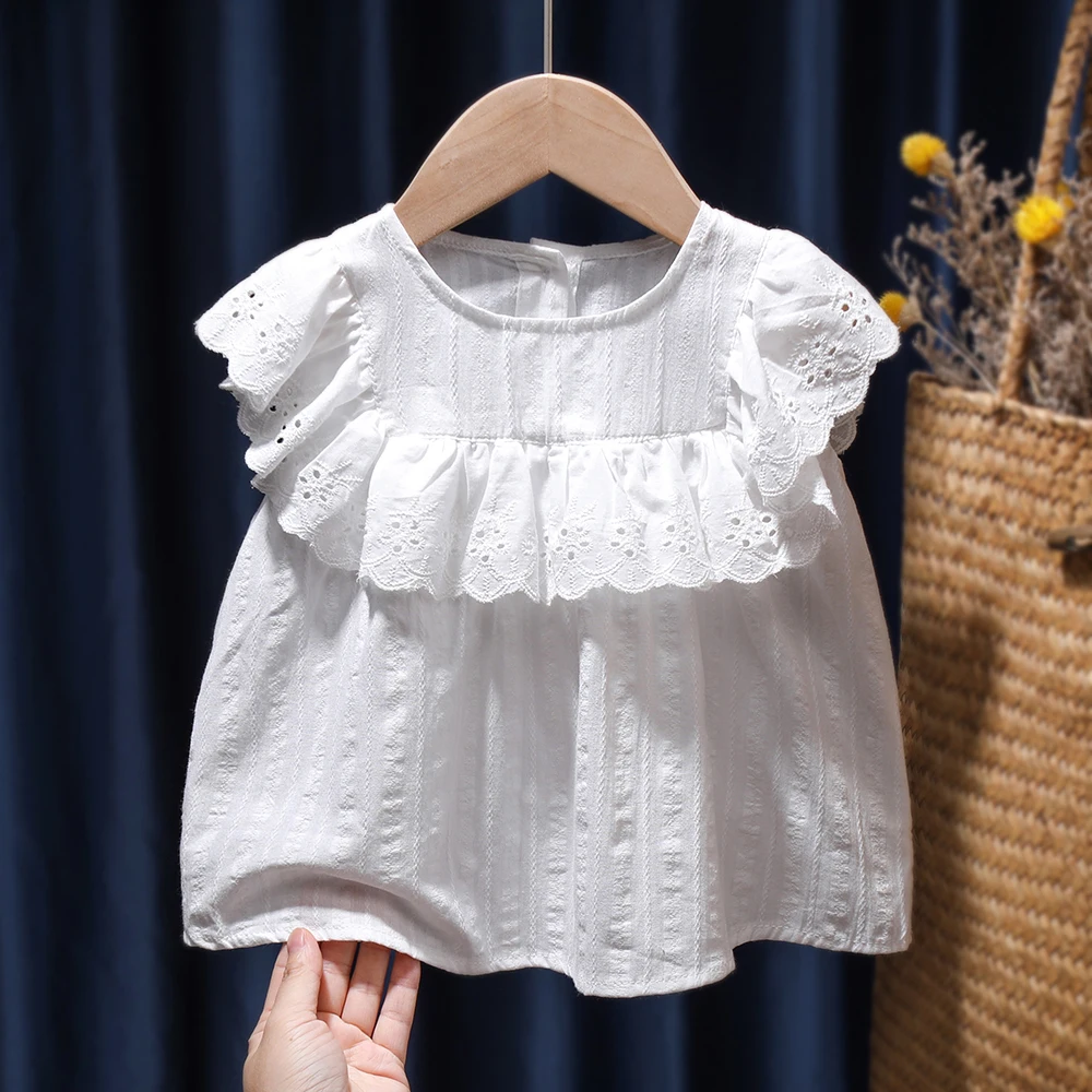 

Summer New Girls Ruffle Blouses Children Clothing Kids Toddler Infant Cotton Sleeveless Blouse Lace Baby Shirt White Tops Gifts