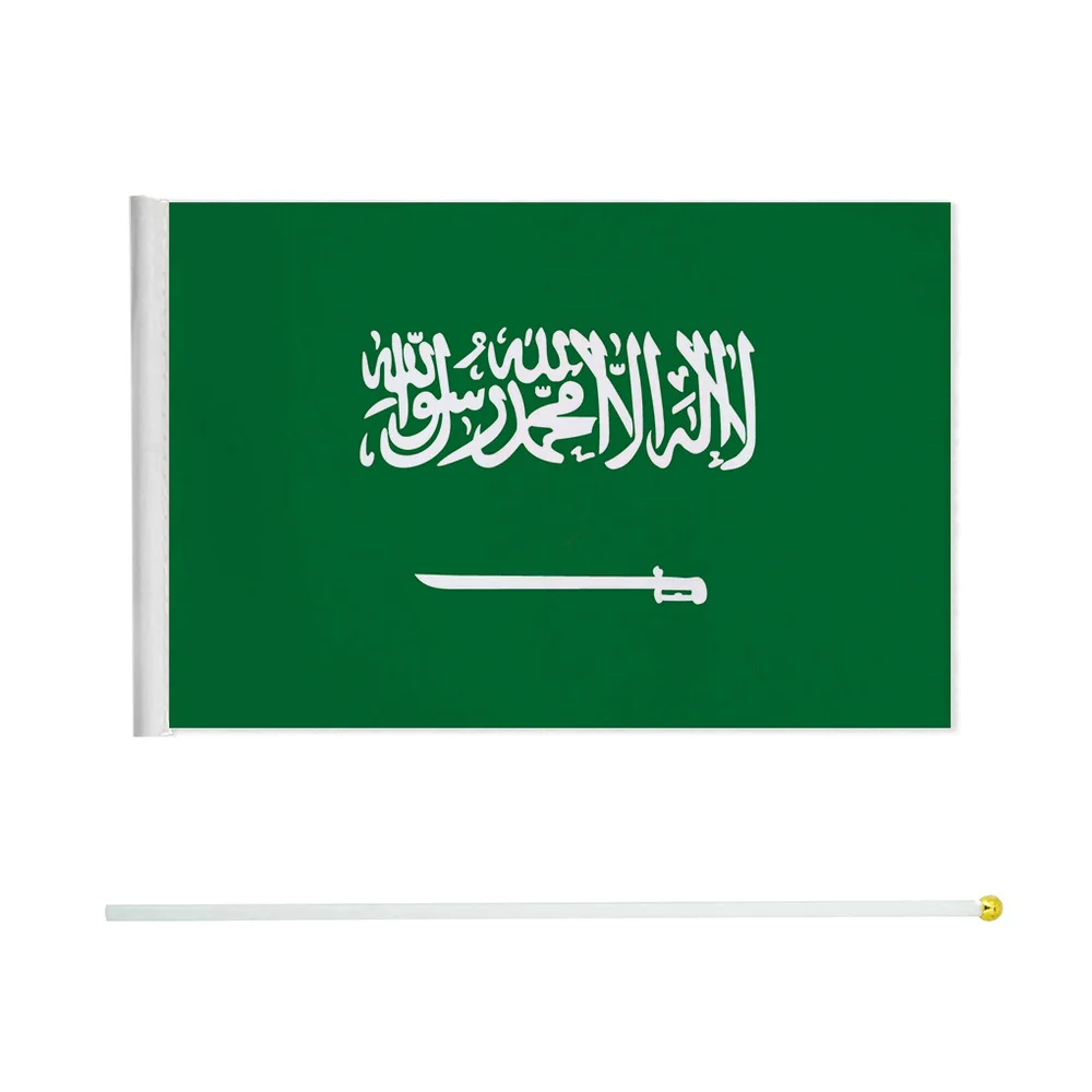 Saudi  Arabia Hand Flag 14*21cm 100pcs Saudi  Arabia Small Hand waving Flag with plastic flagpole for decoration