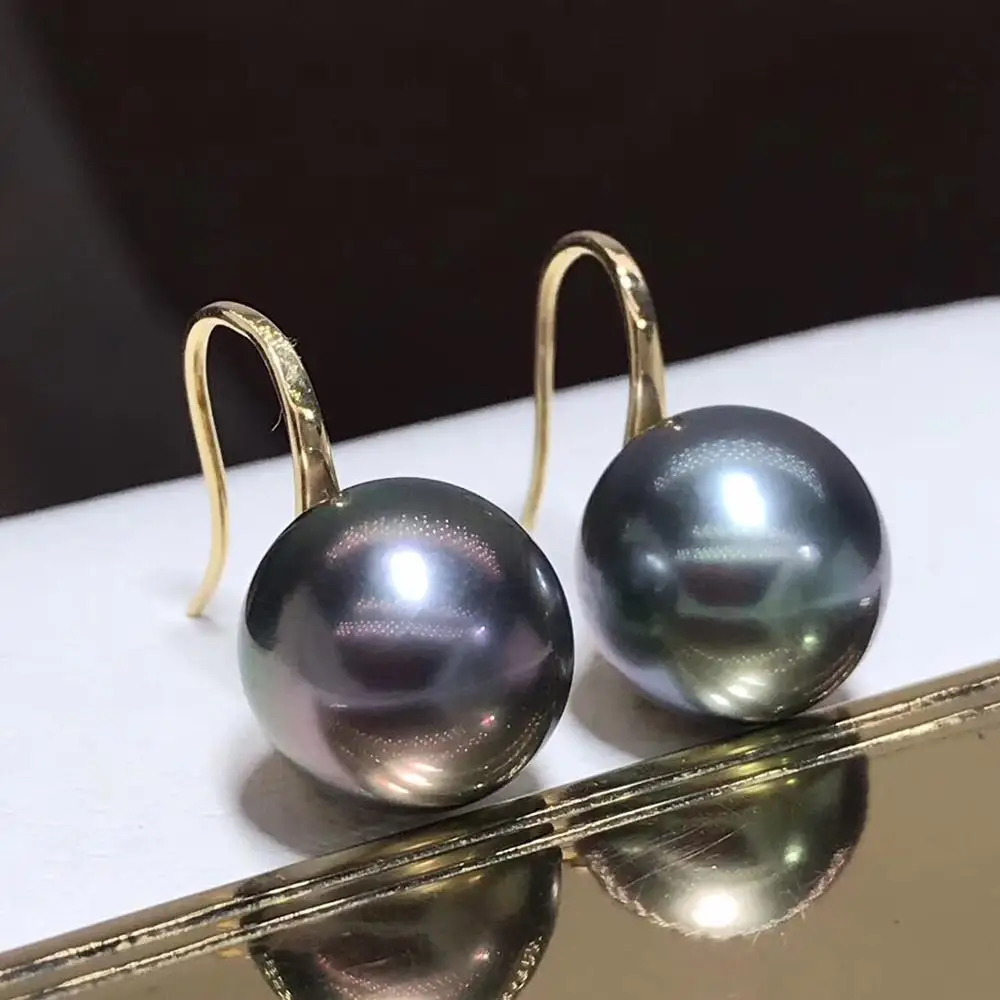 

Fine Jewelry Pure 18 K Yellow Gold 10mm Natural Tahiti Ocean Green Round Pearl Earrings for Women Fine Pearl Earrings