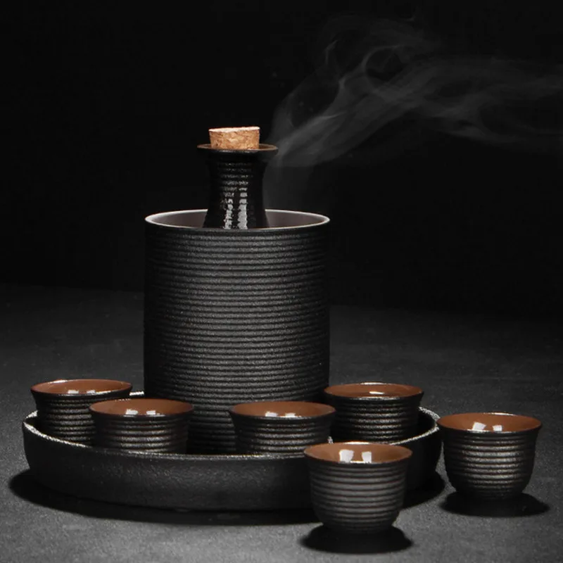 Japanese Style Ceramic Sake Pot Cup Set Black Pottery Liquor Wine Bottle Cups Tray