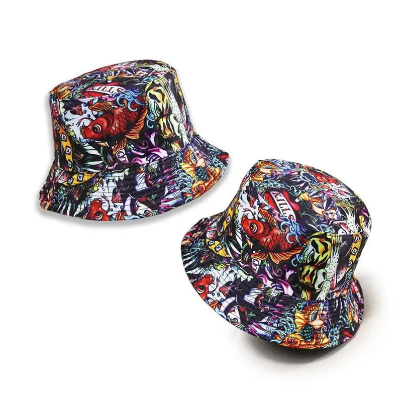 2022 Cotton Personality Fish Print Bucket Hat Fisherman Hat Outdoor Travel Sun Cap Hats for Men and Women 31