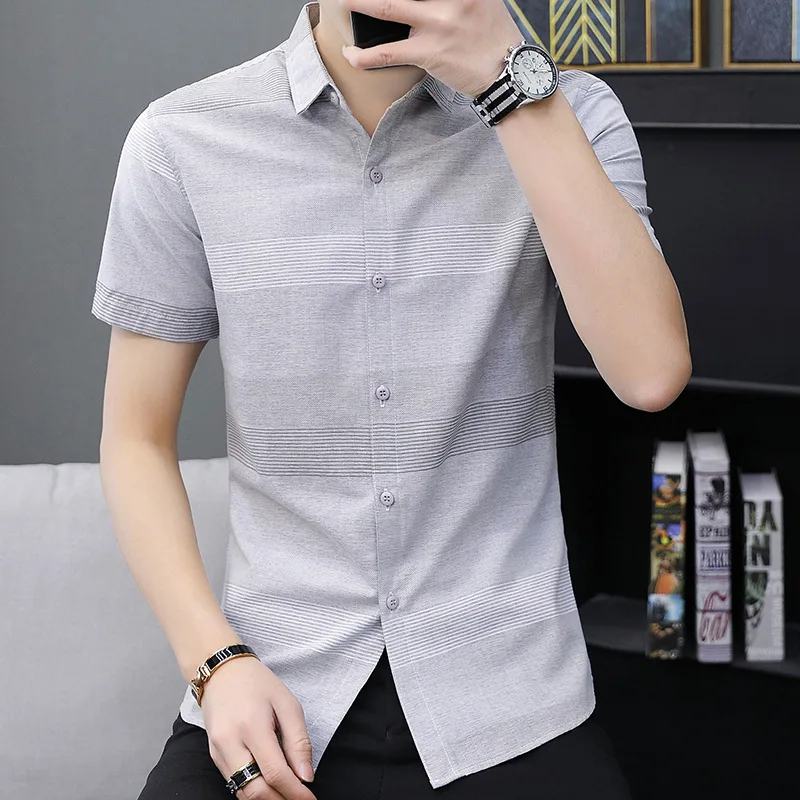 Men's Cotton High Quality Linen Casual Stripe Slim Short Sleeve Shirt Business Pointed Collar Cardigan Fashion All-match Loose