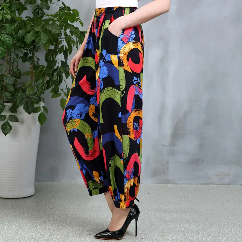 

Summer Cotton Silk Wide-Leg Pants Mid-Aged Elderly Women's Pants Loose Bloomers Middle-Aged Female Printing Trousers Fashion 5XL