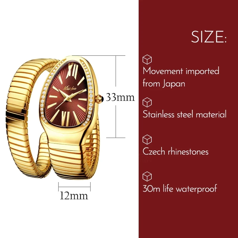 Reloj de pulsera de marca Miss Fox para Mujer, relojes de pulsera de cuarzo con forma de serpiente dorada resistente al agua a la moda de lujo,