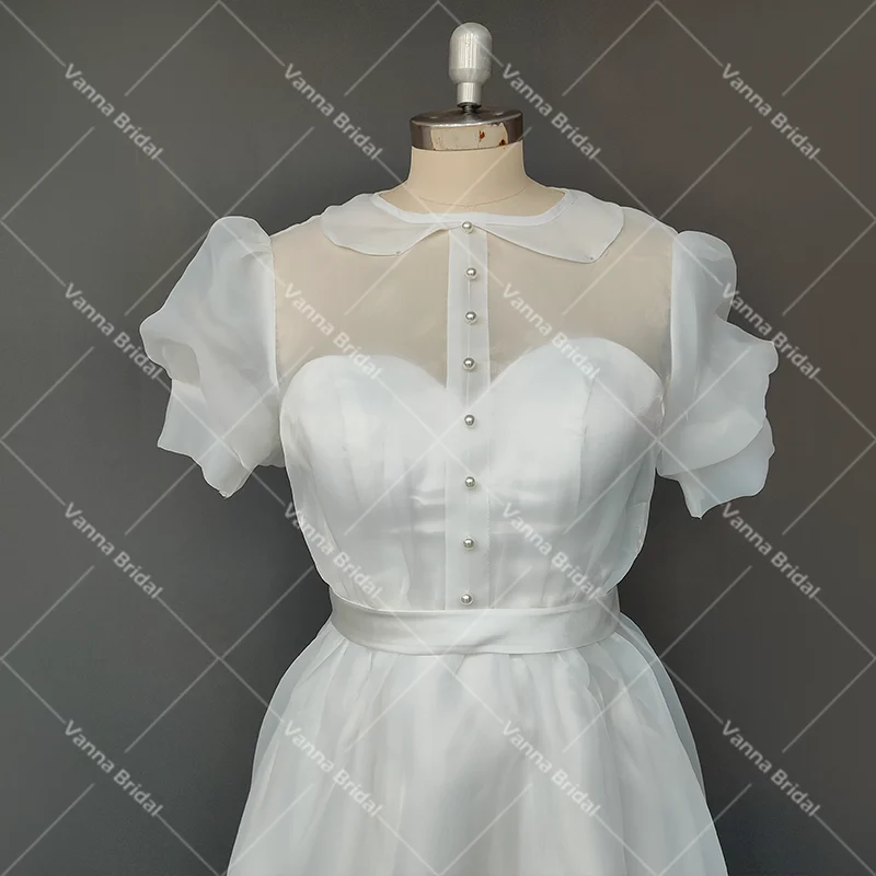 Organza Kurze Bischof Ärmeln Hochzeit Kleider Bodenlangen Maß Vintage Einfache Günstige Tasten Transparent Zurück Brautkleid