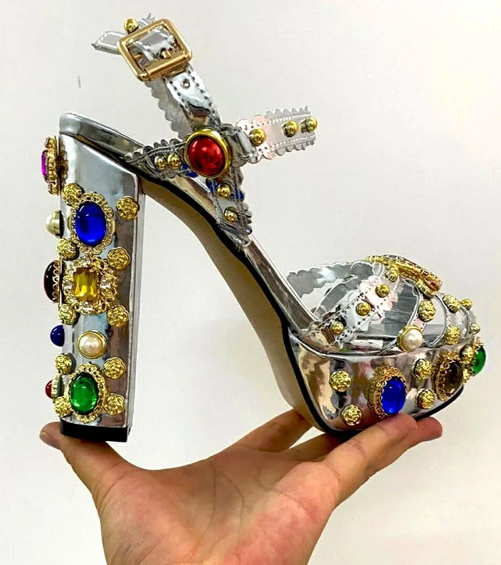 

Luxury Gemstone Studded Straps Chunky Heel Sandals Rhinestone Pearl Embellished Platform Women Ankle Strap Buckle Wedding Shoes