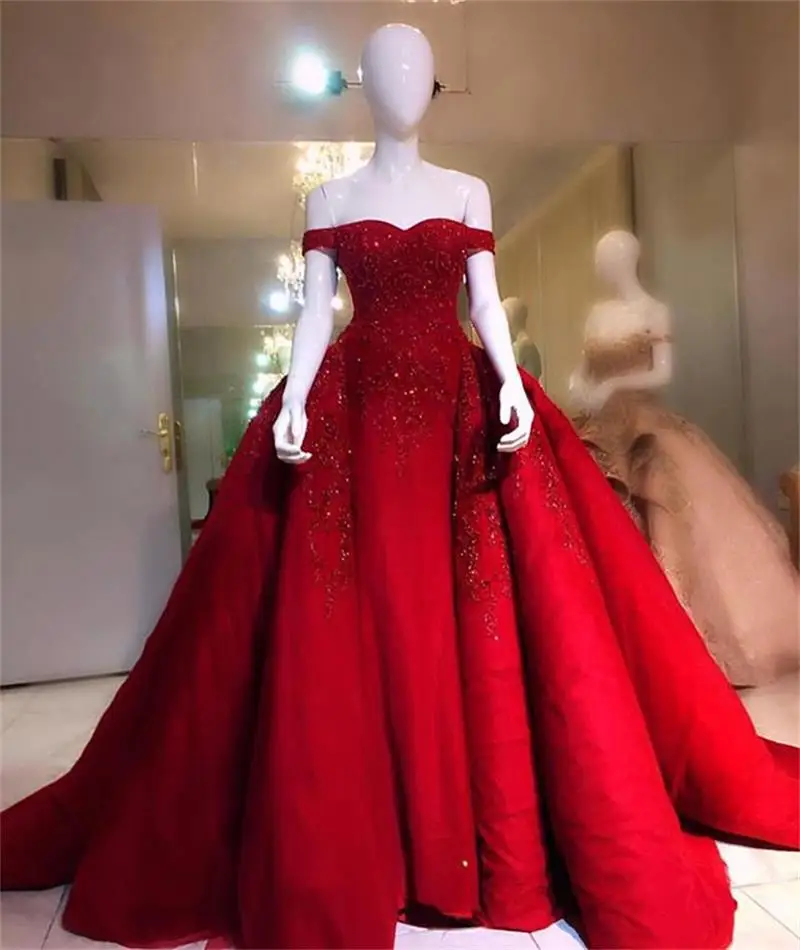 

Luxury Red Mermaid Prom Dresses With Detachable Train Lace Beaded Off The Shoulder Evening Dress Abendkleider Formal Party Gowns