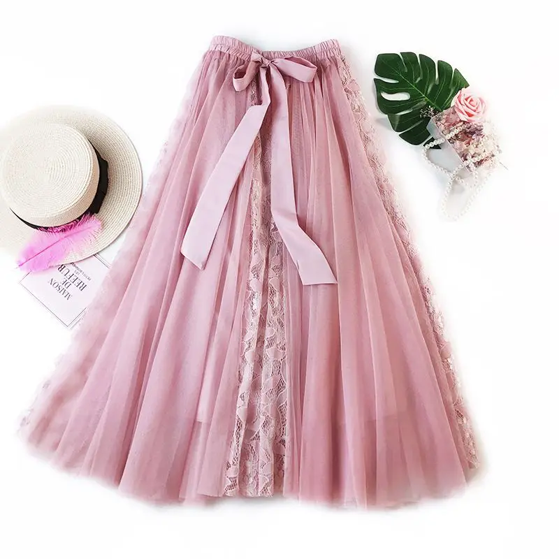 Korean Style Women Lace Patchwork Gauze Skirt Female Elastic High Waist Bow Lace-up Pleated Long Skirts Saias 2021 Autumn SK231