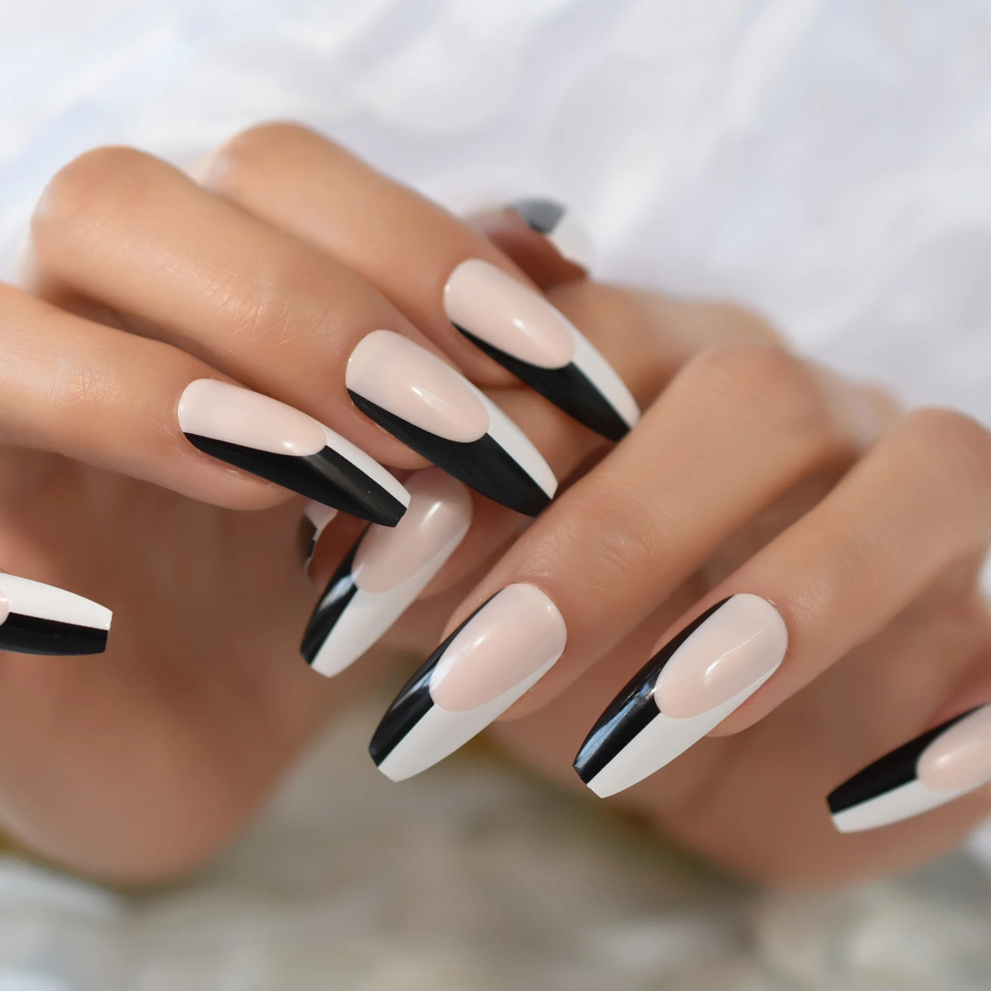 Long Artificial Coffin False Nails Pre Designs Irregular Pattern French Nail Art Full Cover Glossy Press On Fake Nails