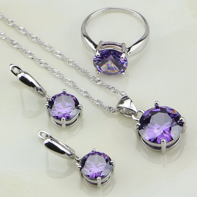 Trendy Round Purple Cubic Zirconia 925 Sterling Silver Bridal Jewelry Sets For Women Wedding Earrings/Pendant/Necklace/Ring