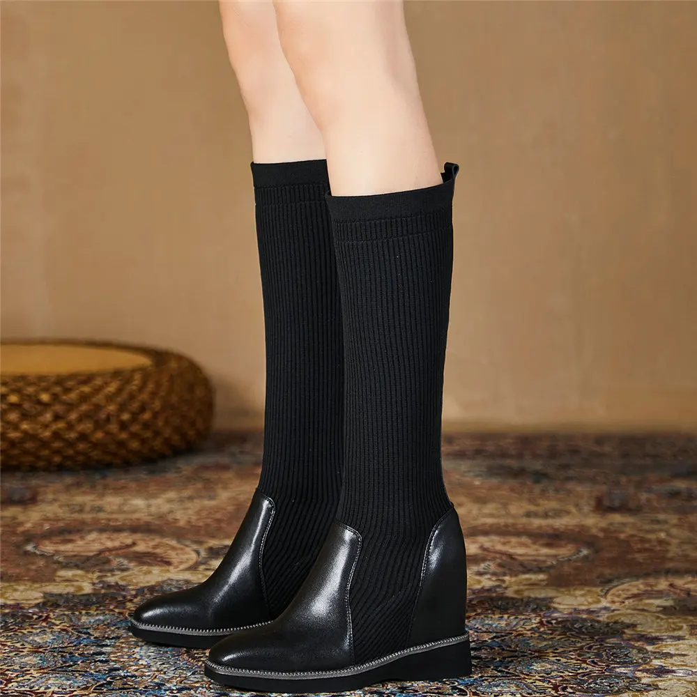 

Platform Pumps Shoes Women Slip On Genuine Leather Wedges High Heel Knee High Boots Female Knitting Round Toe Thigh High Oxfords