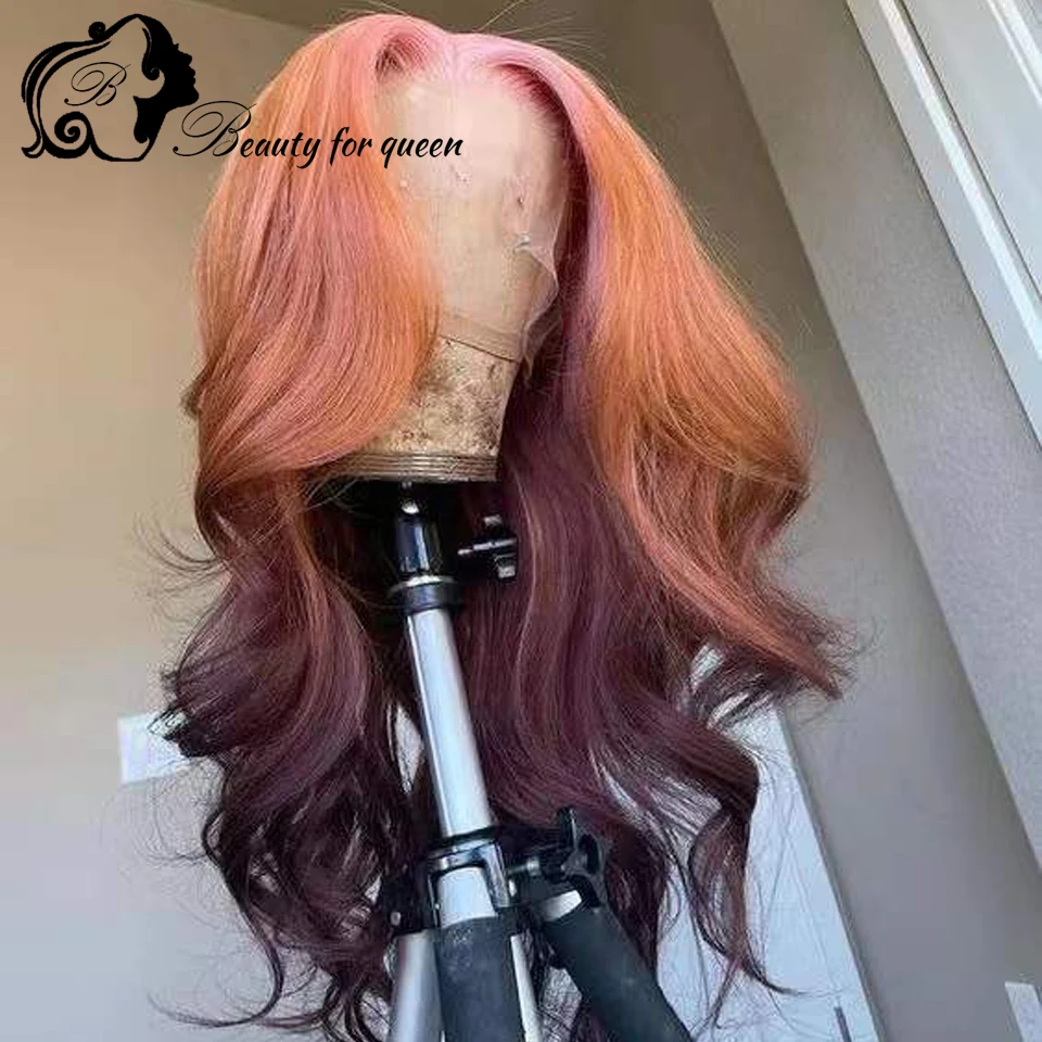 Cosplay Gekleurde Braziliaanse pruik van echt haar 28 inch 13x4 HD Kanten frontale pruiken Ombre Roze Bruin Lichaamsgolf Voorgeplukt 180 Dichtheid