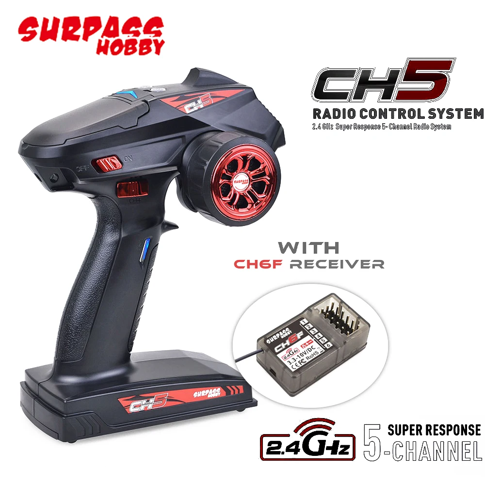 

Surpass Hobby CH5 2.4GHZ Super Response 5-Channel Radio System Transmitter CH6F Receiver For RC Car Boat Tank Skateboard Crawler