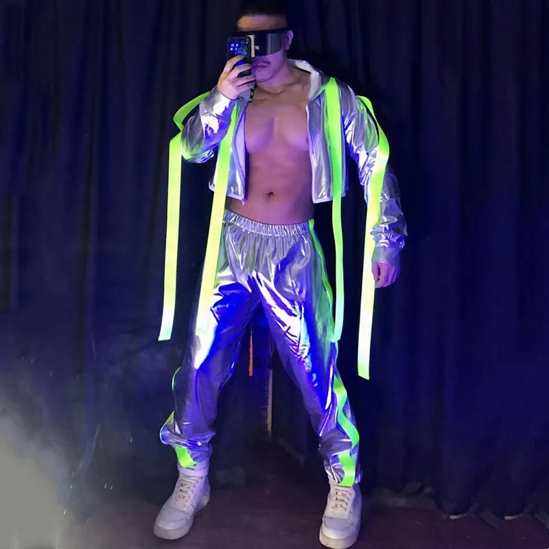 

Fluorescent Silver Bandage Hooded Jacket Pants 2 Piece Set Bar Male Team Dancer Singer Hip Hop Rock Stage Street Dance Costume