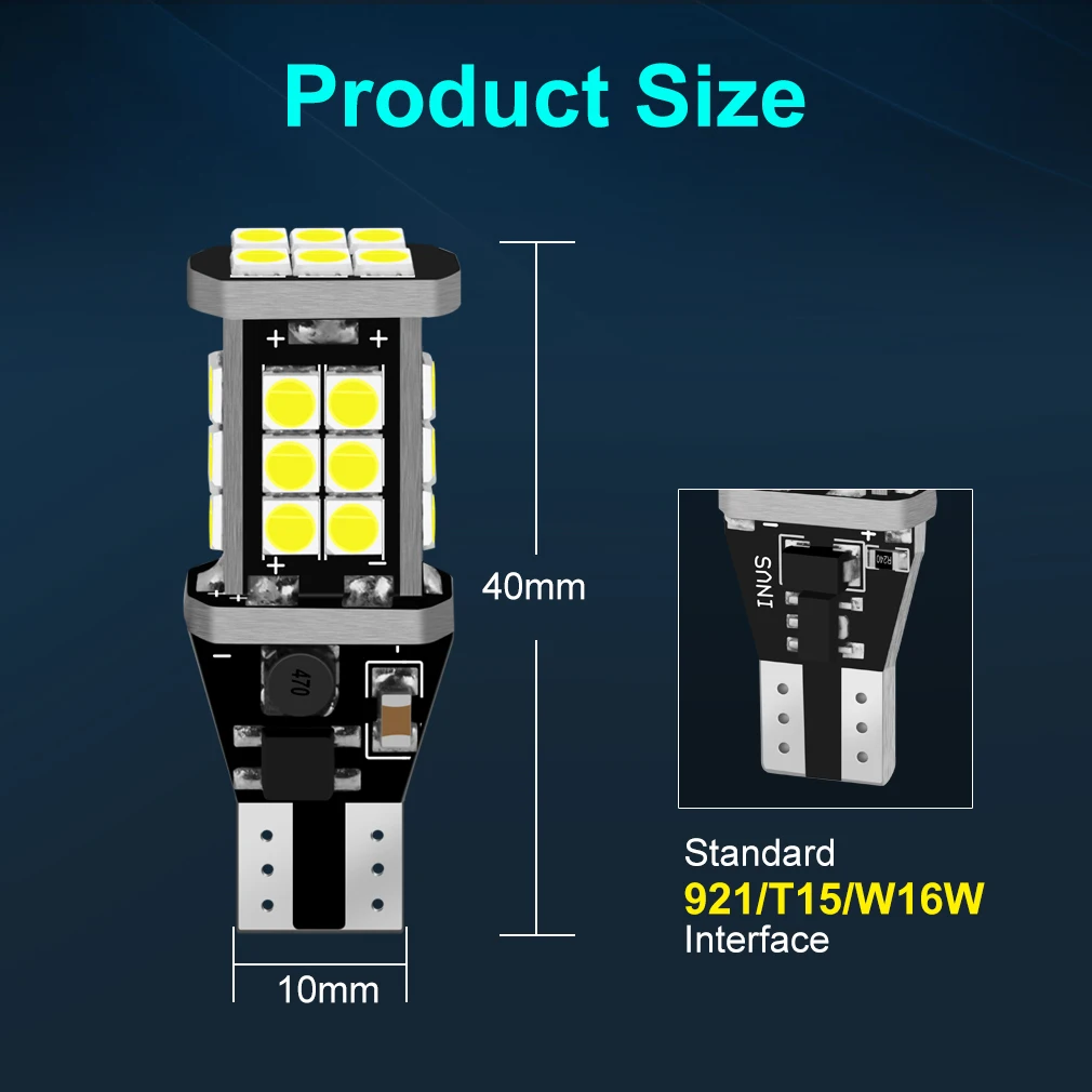 2Pcs T15 W16W LED Bulb 3030SMD Canbus 920 921 912 Lamp OBC 1400LM Car Reverse Lights Backup Stop 6000K White 12V