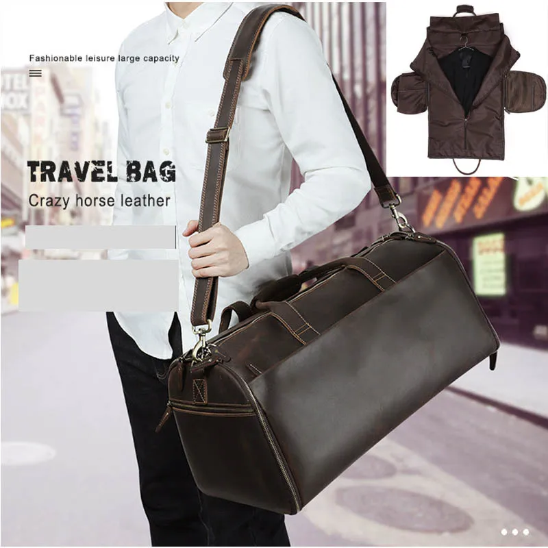 Crazy Horse Leather Folding Suit Bag Man Business Travel Bag With Shoe Pocket Clothes Cover Luggage Duffel Bag Man Bag For Suits