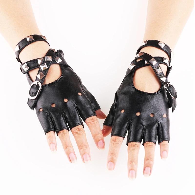 New Women Long Chain Rivet Stage Performance Pole Dance Half Finger Leather Gloves Fashion Personality Sexy Nightclub Punk