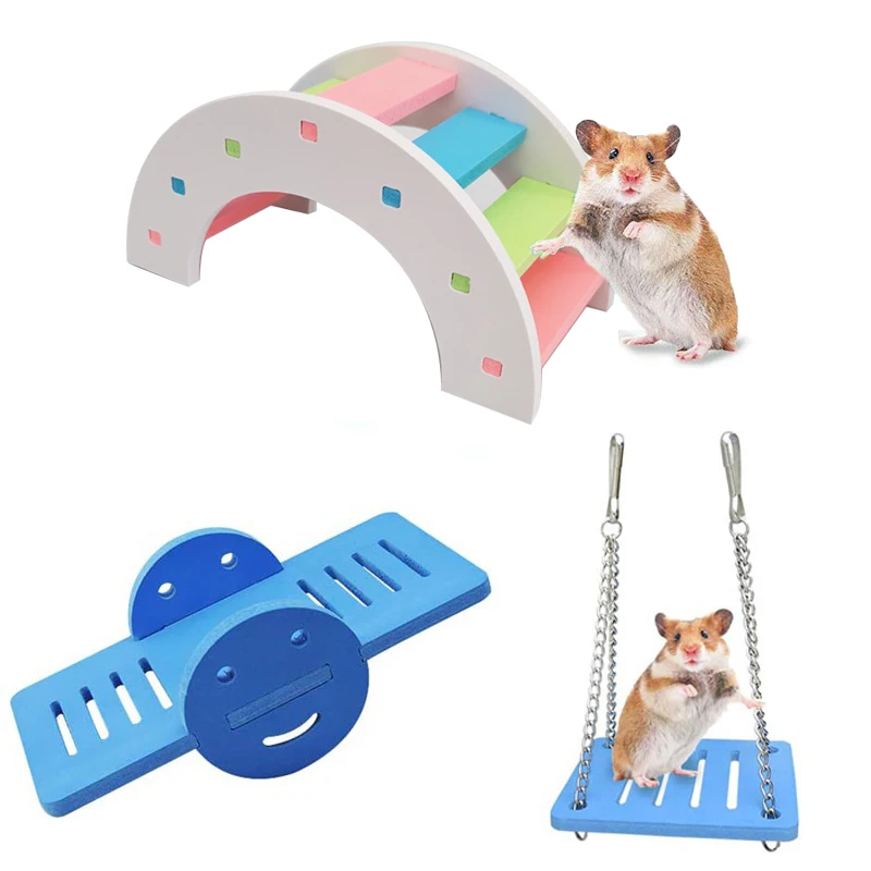 Hamster Toys Wooden Rainbow Bridge Seesaw Swing Toys Small Animal Activity Climb Toy DIY Hamster Cage Accessories