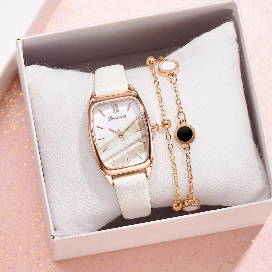 Pink Marble Dial Women's Leather strap Quartz Bracelet Ladies Wrist Watch With Bracelet Plush Gold Jewelry Clock Gift