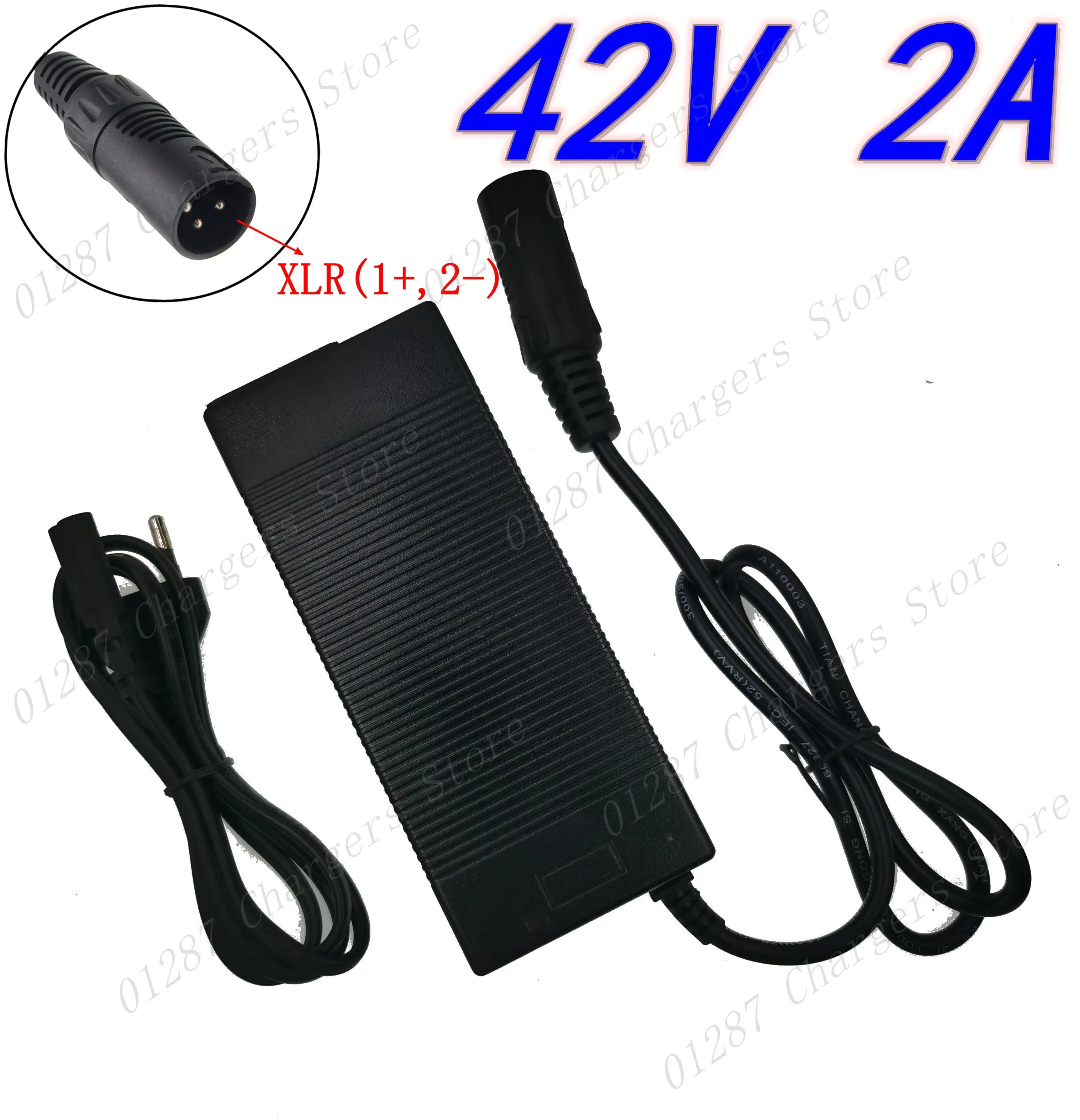 42V 2A electric bike lithium battery charger for 36V lithium battery pack with 3-Pin XLR Socket/connector