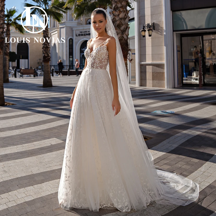 

LOUIS NOVIAS Свадебные платья в стиле бохо для женщин с v-образным вырезом и открытой спиной, тюлевое свадебное платье с вышивкой бисером, трапециевидной формы, Vestidos De Novia